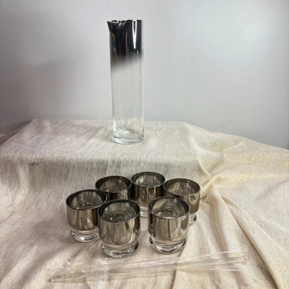 Vintage Silver Ombre Pitcher and Glasses Set Barware Cocktail Party